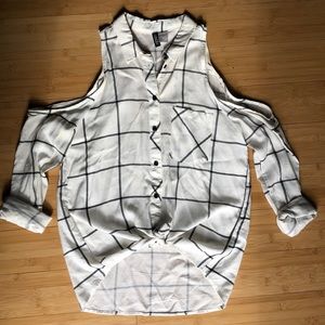 Open Shoulder Plaid Button-Up